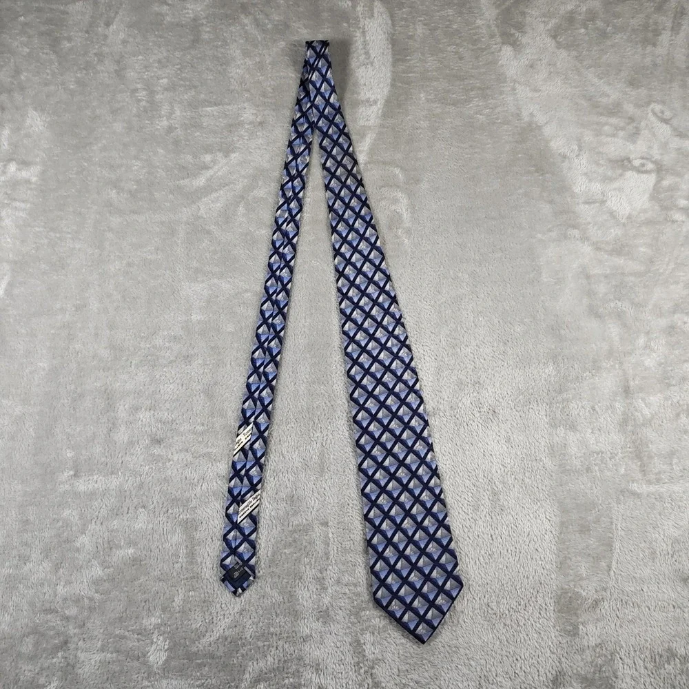 Vintage Ermenegildo Zegna Tie Mens 56X4 Blue Geometric Grid Silk Made In Italy